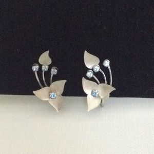 Vintage Silver Earrings w/Rhinestones-Screw Back